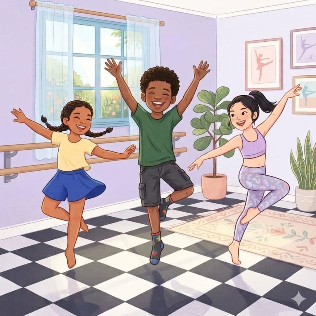 Three friends dancing together in a bright studio